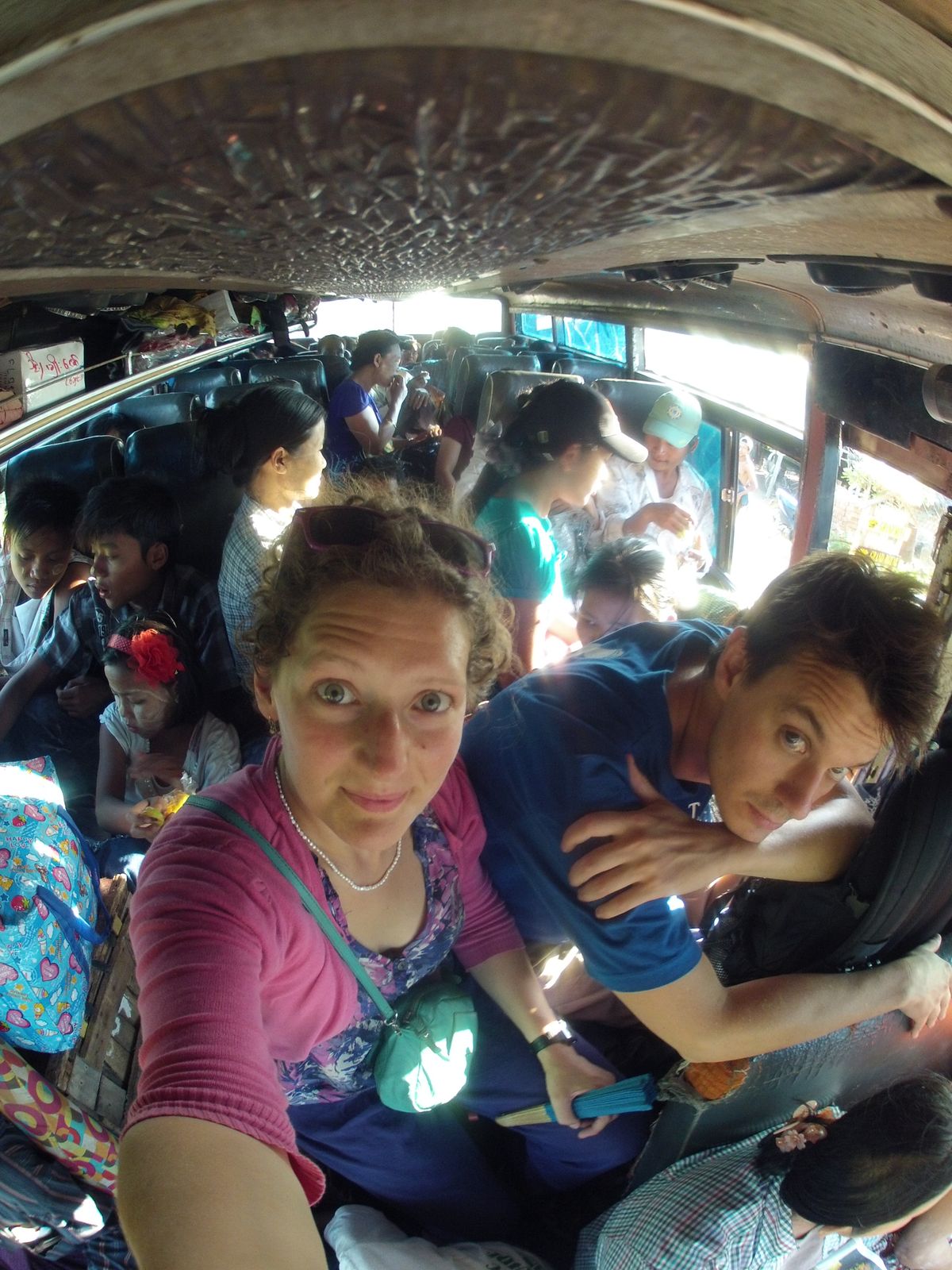 This was taken after 36 hours travelling north to southwest Myanmar. We counted 44 people in the minibus, and a football team riding on top.